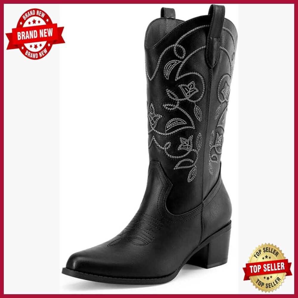 Women's Mid Calf Cowboy Boots Chunky Heel Embroidery Stitched Western Fashion